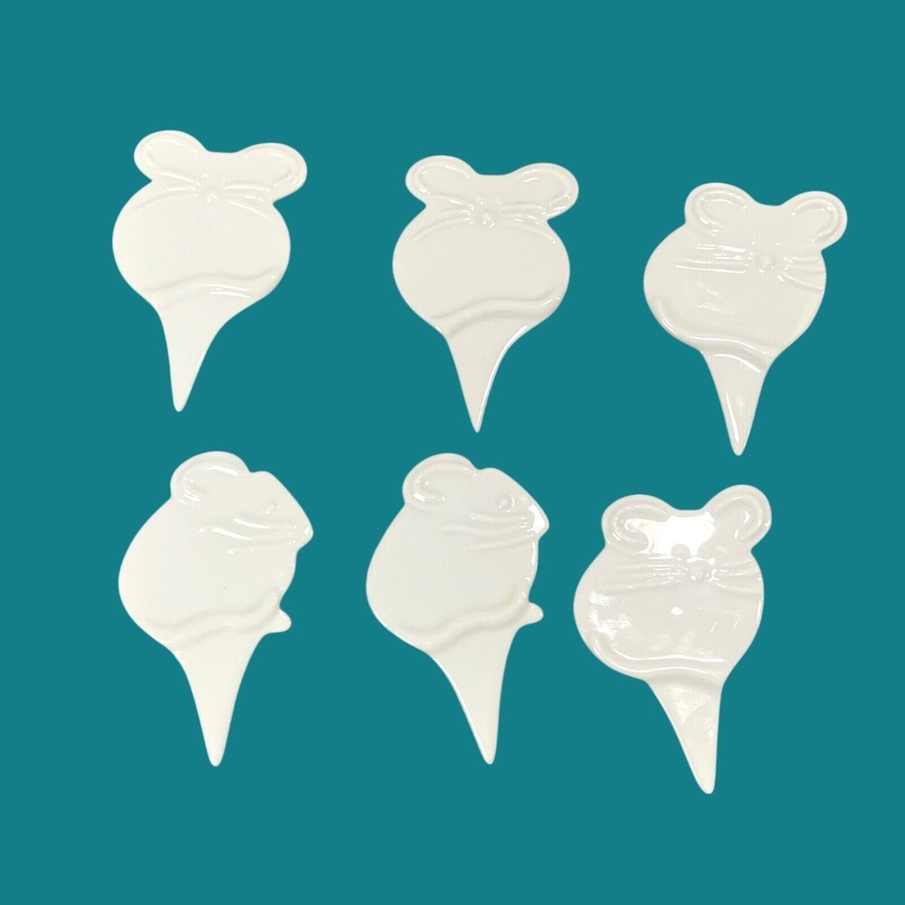 Set 6 Vintage White Ceramic Mouse Cheese Markers Whimsical Charcuterie Tags